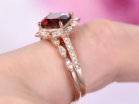 Cushion Garnet Floral Diamond Halo Cathdral Bridal Set 14K Rose Gold - Lord of Gem Rings