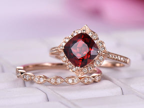 Cushion Garnet Floral Diamond Halo Cathdral Bridal Set 14K Rose Gold - Lord of Gem Rings