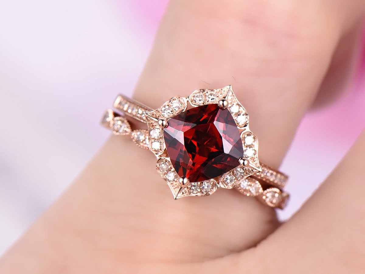 Cushion Garnet Floral Diamond Halo Cathdral Bridal Set 14K Rose Gold - Lord of Gem Rings