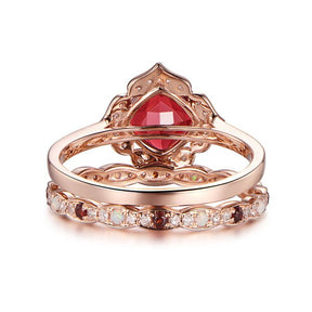Cushion Garnet Floral Diamond Halo Cathdral Ring Opal Garnet Bridal Set - Lord of Gem Rings