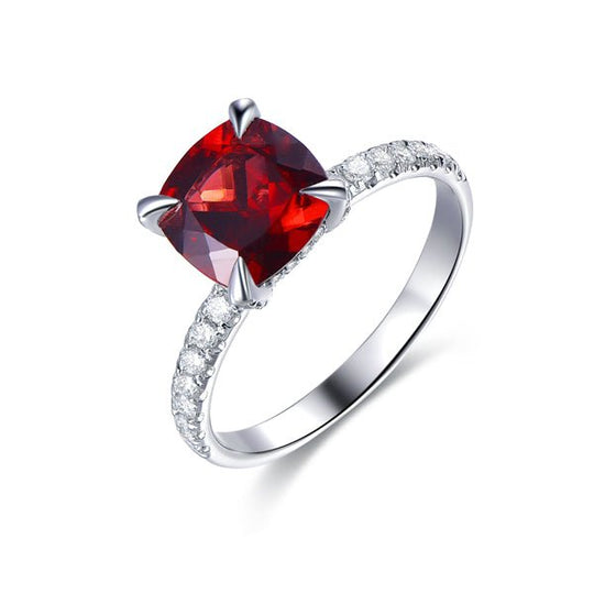 Cushion Garnet Ring Diamond Basket 14K White Gold