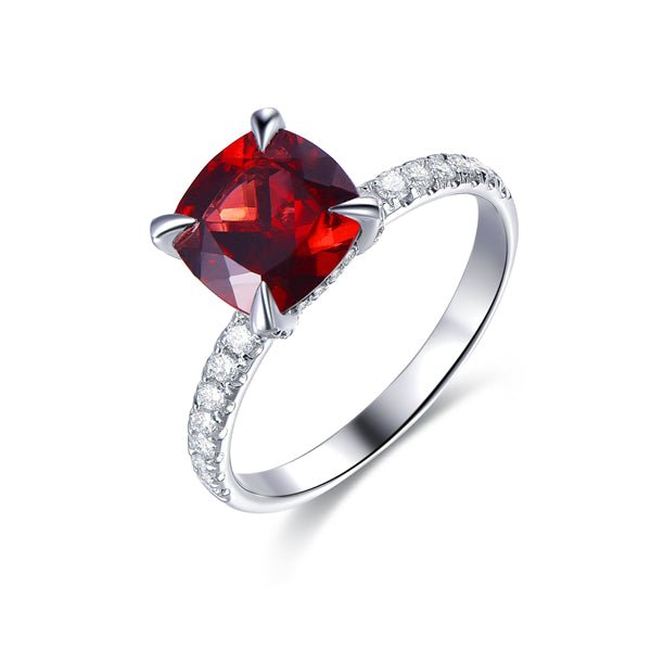 Cushion Garnet Ring Diamond Basket 14K White Gold - Lord of Gem Rings