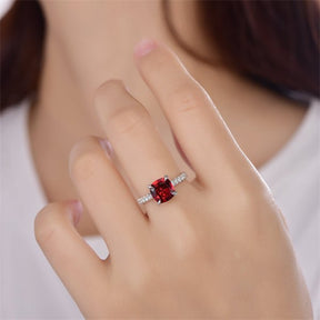 Cushion Garnet Ring Diamond Basket 14K White Gold - Lord of Gem Rings