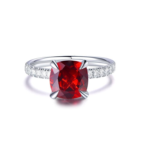 Cushion Garnet Ring Diamond Basket 14K White Gold - Lord of Gem Rings