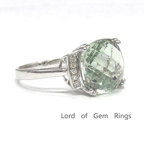 Cushion Green Amethyst Diamond Engagement Ring 14K White Gold - Lord of Gem Rings