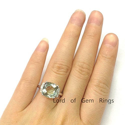 Cushion Green Amethyst Diamond Engagement Ring 14K White Gold - Lord of Gem Rings