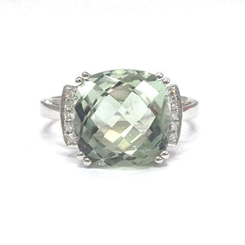 Cushion Green Amethyst Diamond Engagement Ring 14K White Gold
