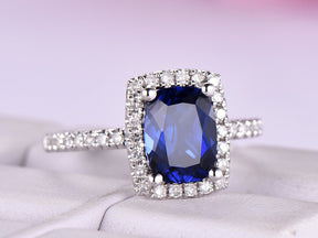 Cushion Lab Sapphire Diamond Halo Engagement Ring 14K White Gold - Lord of Gem Rings