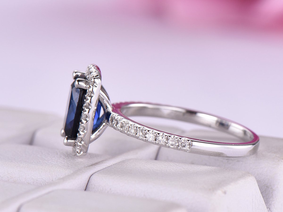 Cushion Lab Sapphire Diamond Halo Engagement Ring 14K White Gold - Lord of Gem Rings