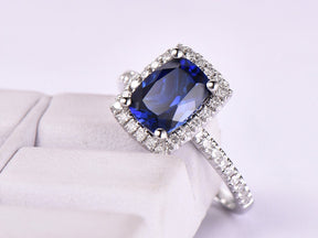 Cushion Lab Sapphire Diamond Halo Engagement Ring 14K White Gold - Lord of Gem Rings