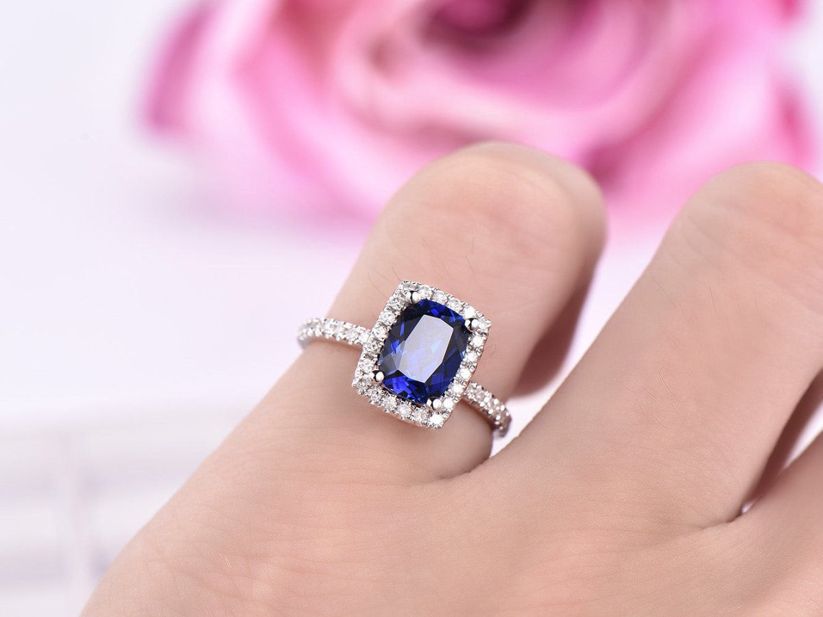Cushion Lab Sapphire Diamond Halo Engagement Ring 14K White Gold - Lord of Gem Rings