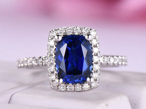 Cushion Lab Sapphire Diamond Halo Engagement Ring 14K White Gold - Lord of Gem Rings