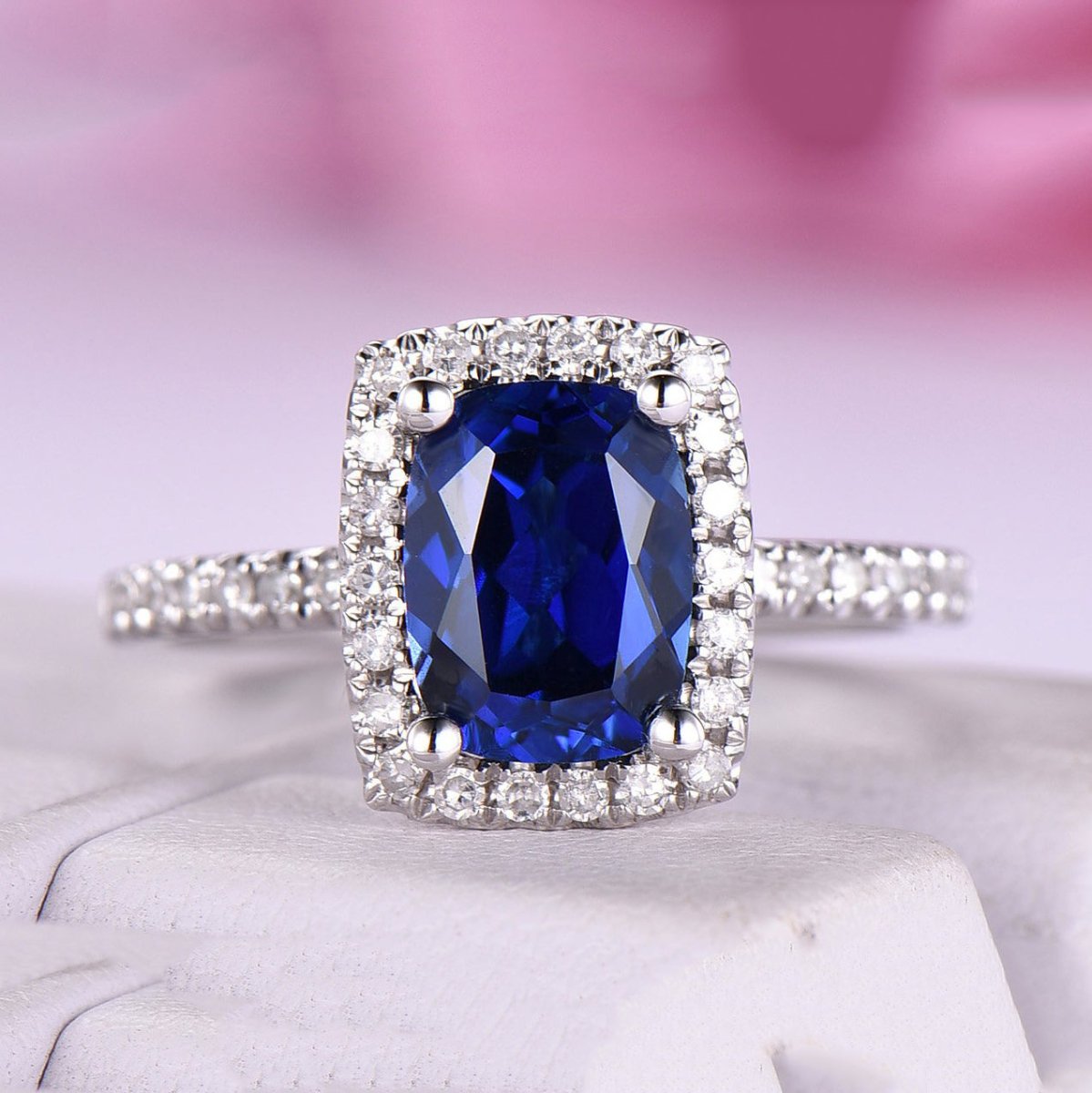 Cushion Lab Sapphire Diamond Halo Engagement Ring 14K White Gold - Lord of Gem Rings