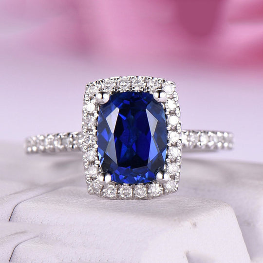 Cushion Lab Sapphire Diamond Halo Engagement Ring 14K White Gold