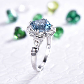 Cushion London Blue Topaz Baguette Diamond Floral Engagement Ring - Lord of Gem Rings