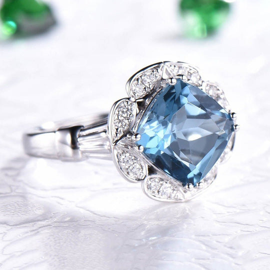 Cushion London Blue Topaz Baguette Diamond Floral Engagement Ring