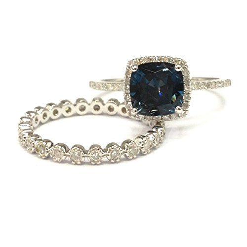 Cushion London Blue Topaz Diamond Bridal Set 14K White Gold