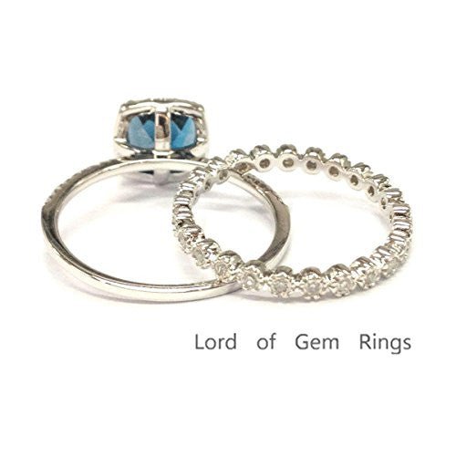 Cushion London Blue Topaz Diamond Bridal Set 14K White Gold - Lord of Gem Rings
