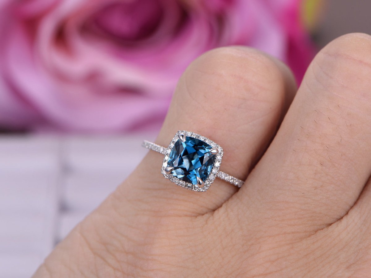 Cushion London Blue Topaz Diamond Halo Engagement Ring - Lord of Gem Rings
