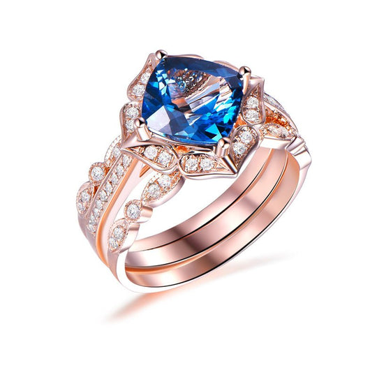 Cushion London Blue Topaz Floral Ring Art Deco Diamond Band Trio Set