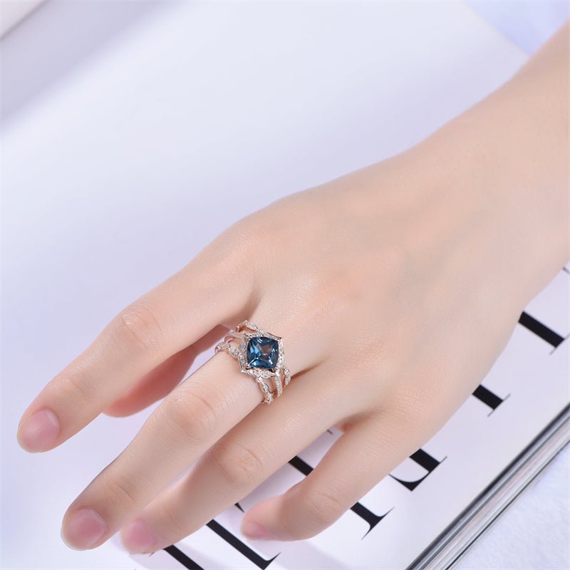 Cushion London Blue Topaz Floral Ring Art Deco Diamond Band Trio Set - Lord of Gem Rings