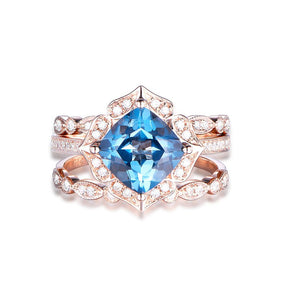 Cushion London Blue Topaz Floral Ring Art Deco Diamond Band Trio Set - Lord of Gem Rings