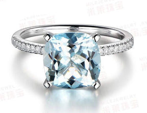 Cushion Medium Blue Aquamarine Diamond Ring 14K White Gold - Lord of Gem Rings