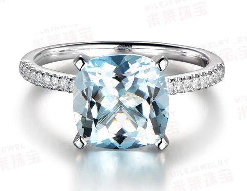 Cushion Medium Blue Aquamarine Diamond Ring 14K White Gold - Lord of Gem Rings