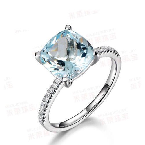 Cushion Medium Blue Aquamarine Diamond Ring 14K White Gold