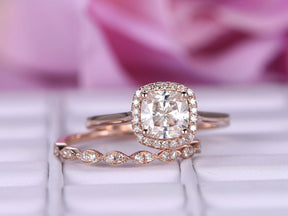 Cushion Moissanite Bridal Set with Art Deco Diamond Band - Lord of Gem Rings