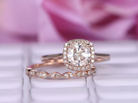 Cushion Moissanite Bridal Set with Art Deco Diamond Band