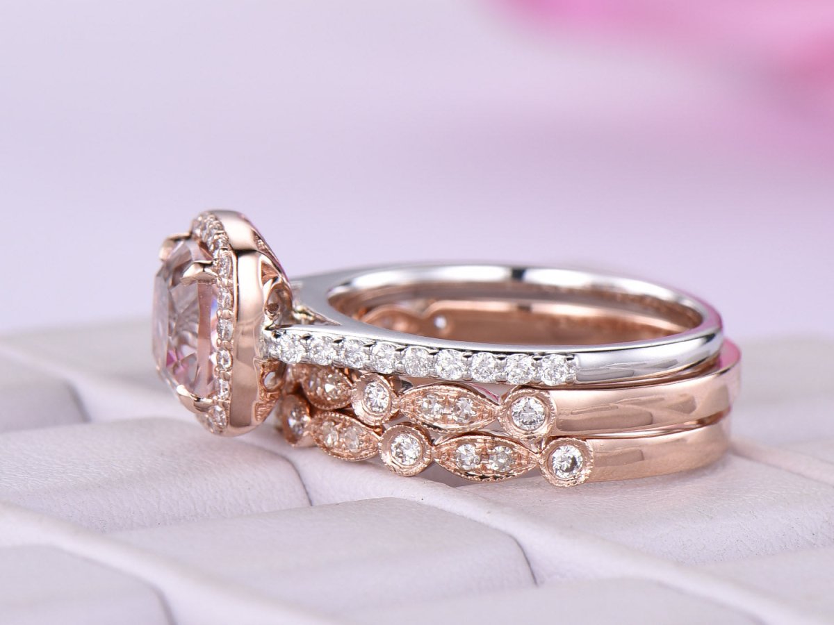 Cushion Morganite Cathedral Ring Art Deco Trio Bridal Set in Two Tone Gold - Lord of Gem Rings
