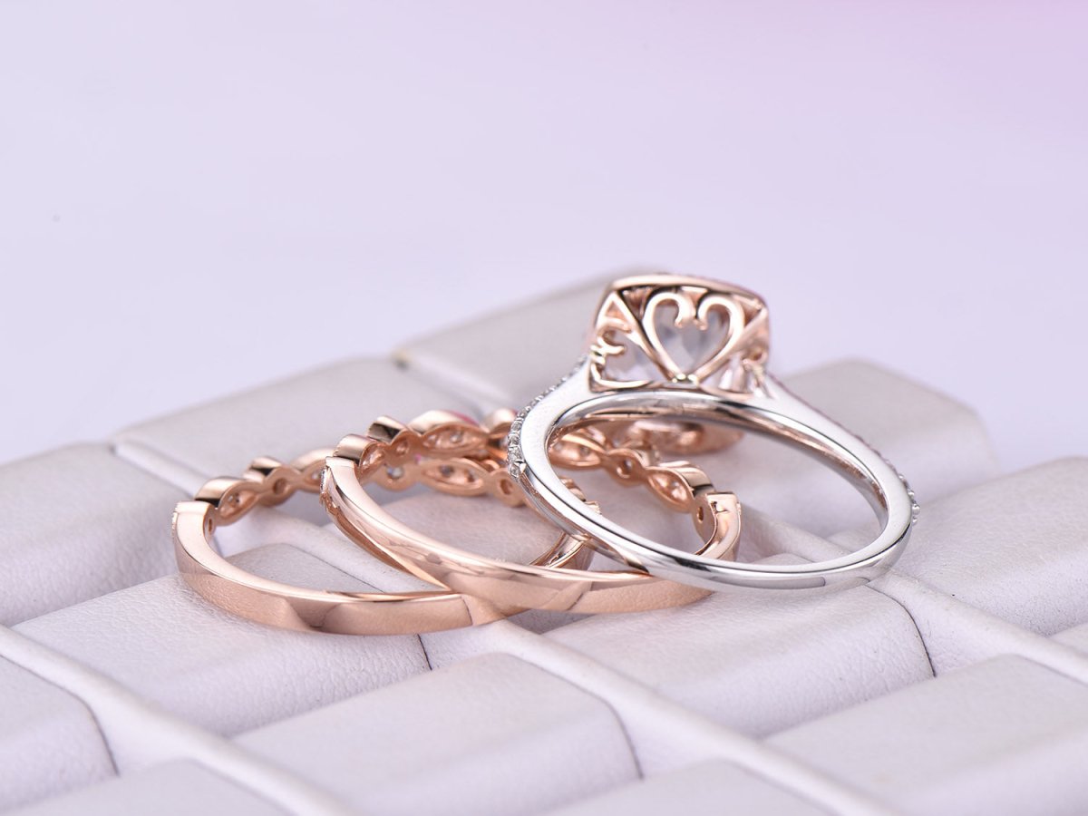 Cushion Morganite Cathedral Ring Art Deco Trio Bridal Set in Two Tone Gold - Lord of Gem Rings