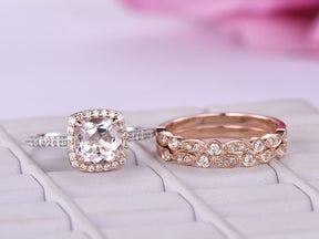 Cushion Morganite Cathedral Ring Art Deco Trio Bridal Set in Two Tone Gold - Lord of Gem Rings