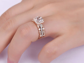 Cushion Morganite Cathedral Ring Art Deco Trio Bridal Set in Two Tone Gold - Lord of Gem Rings