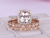 Cushion Morganite Cathedral Ring Art Deco Trio Bridal Set in Two Tone Gold - Lord of Gem Rings