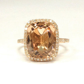 Cushion Morganite Cathedral Ring Diamond Halo 14K Rose Gold - Lord of Gem Rings