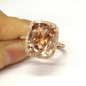 Cushion Morganite Cathedral Ring Diamond Halo 14K Rose Gold - Lord of Gem Rings