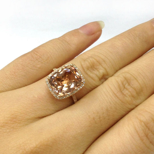 Cushion Morganite Cathedral Ring Diamond Halo 14K Rose Gold