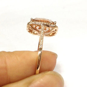 Cushion Morganite Cathedral Ring Diamond Halo 14K Rose Gold - Lord of Gem Rings