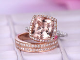 Cushion Morganite Cathedral Ring Diamond Trio Set 14K Two Tone Gold - Lord of Gem Rings