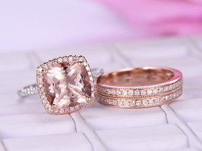 Cushion Morganite Cathedral Ring Diamond Trio Set 14K Two Tone Gold - Lord of Gem Rings