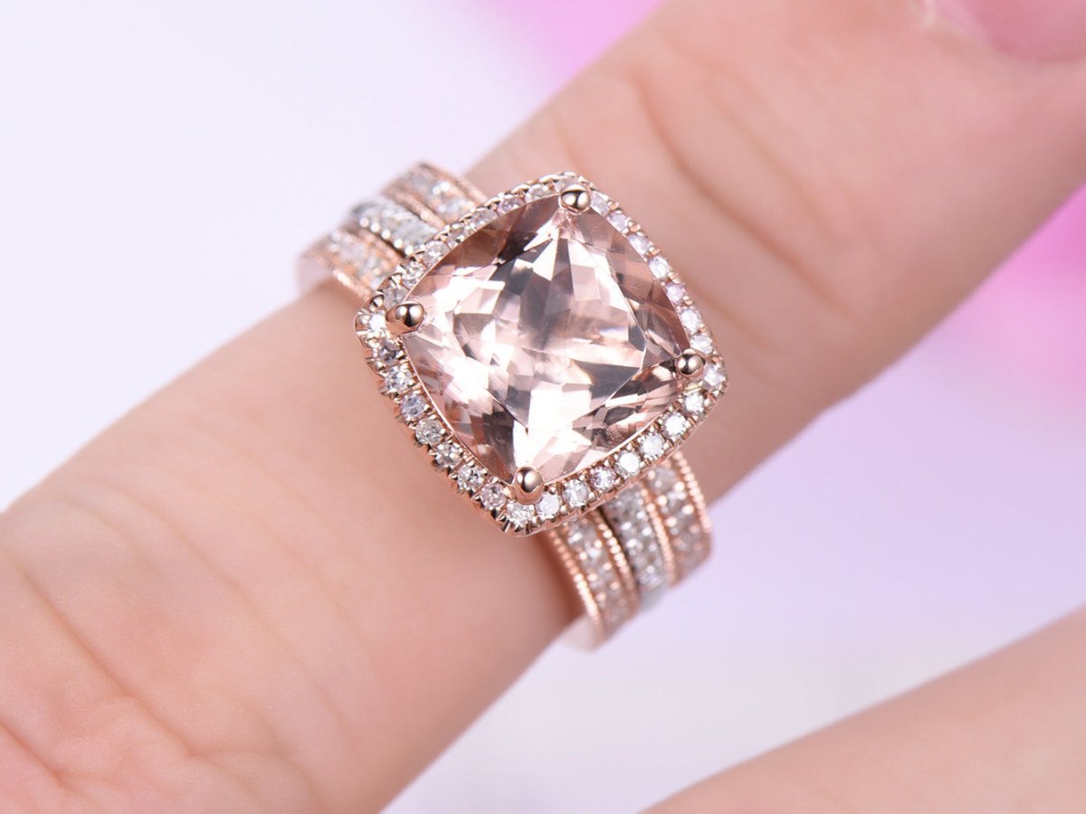 Cushion Morganite Cathedral Ring Diamond Trio Set 14K Two Tone Gold - Lord of Gem Rings