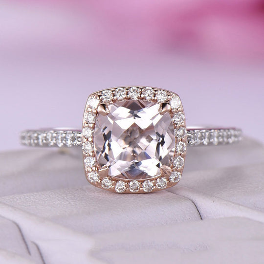 1.5ct Cushion Morganite Cathedral Halo Ring Two Tone Gold