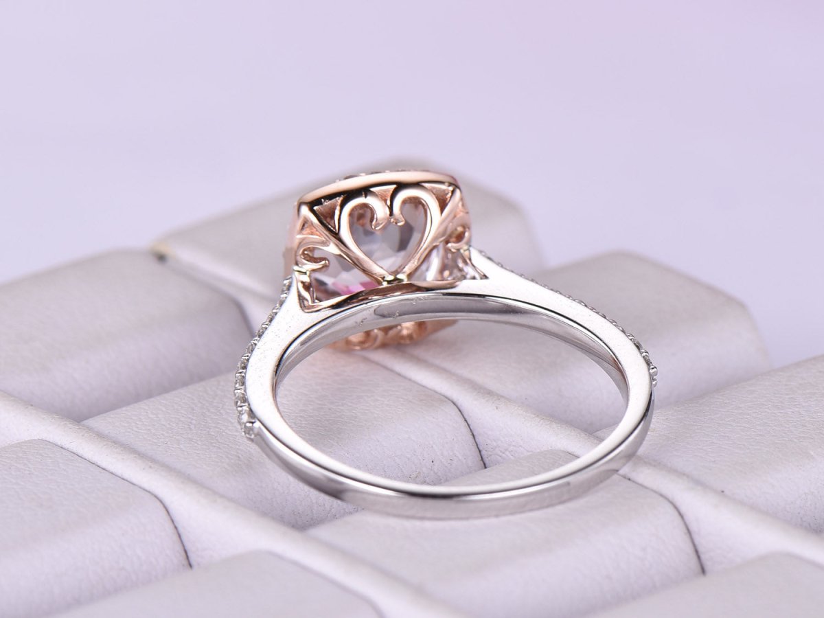 Cushion Morganite Cathedral Ring VS Diamond Halo in Two Tone Gold - Lord of Gem Rings