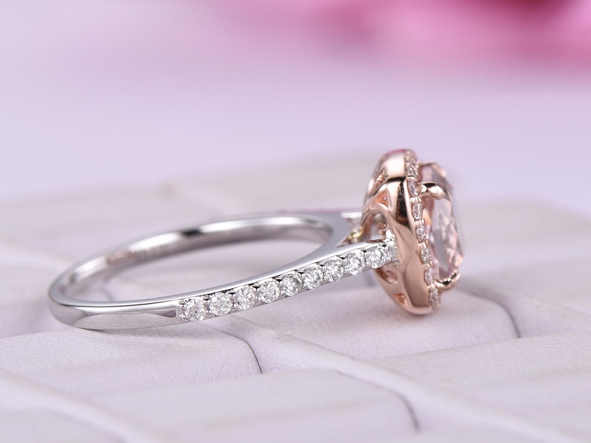 Cushion Morganite Cathedral Ring VS Diamond Halo in Two Tone Gold - Lord of Gem Rings