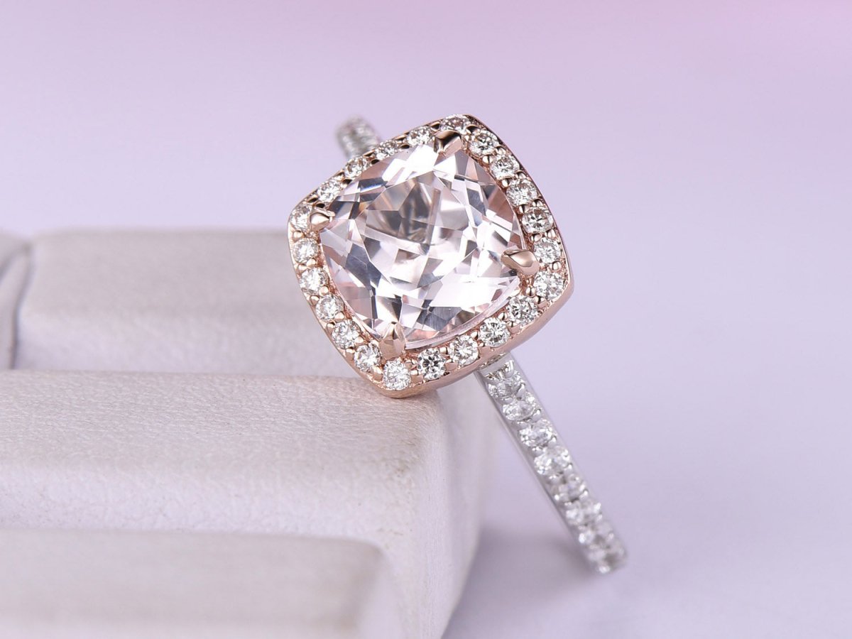 Cushion Morganite Cathedral Ring VS Diamond Halo in Two Tone Gold - Lord of Gem Rings