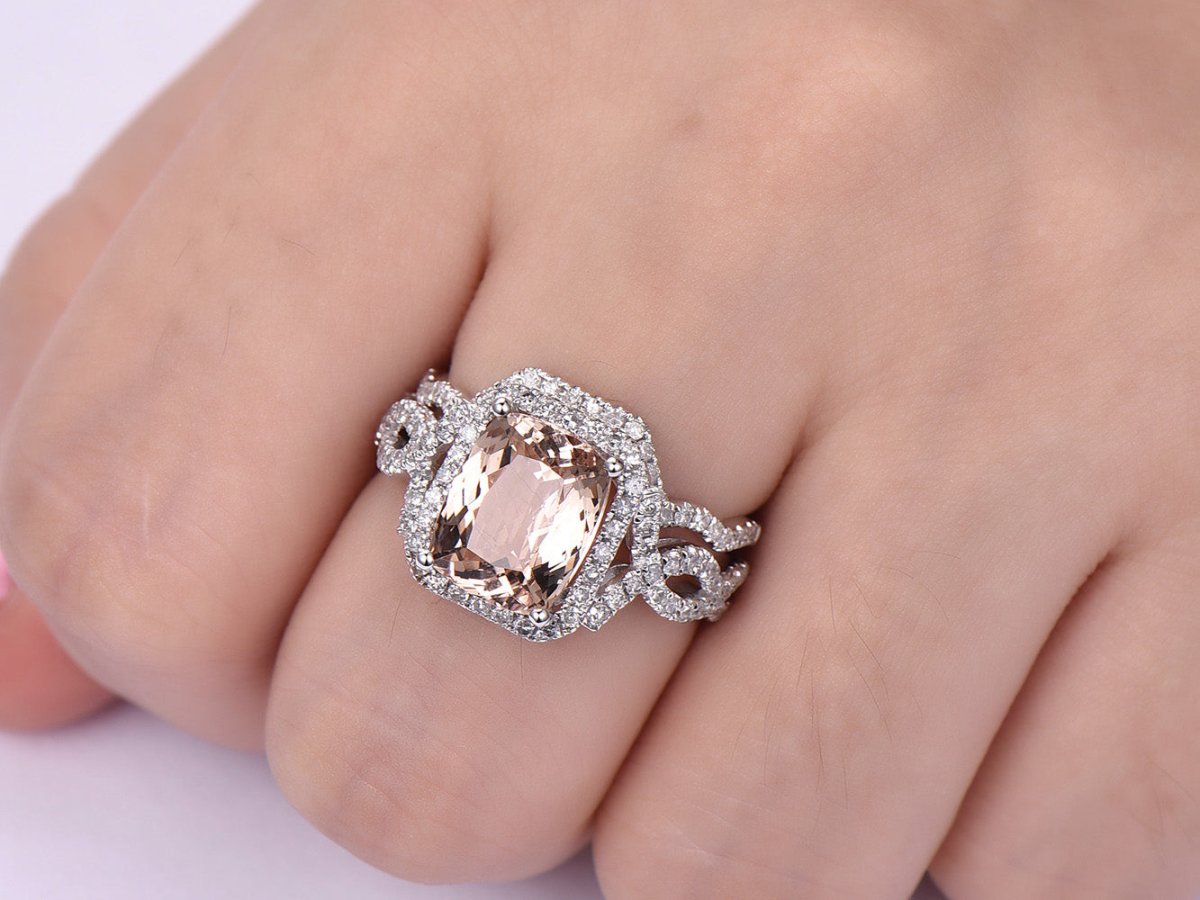 Cushion Morganite Crossover Bridal Set Contour Diamond Band - Lord of Gem Rings