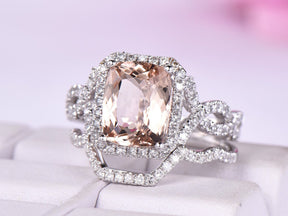 Cushion Morganite Crossover Bridal Set Contour Diamond Band - Lord of Gem Rings