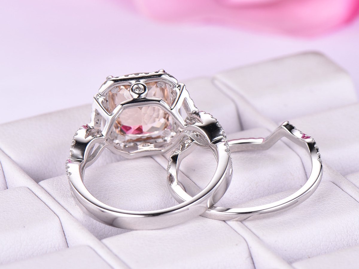 Cushion Morganite Crossover Bridal Set Contour Diamond Band - Lord of Gem Rings